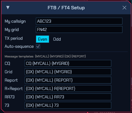 The FT8 / FT4 setup window