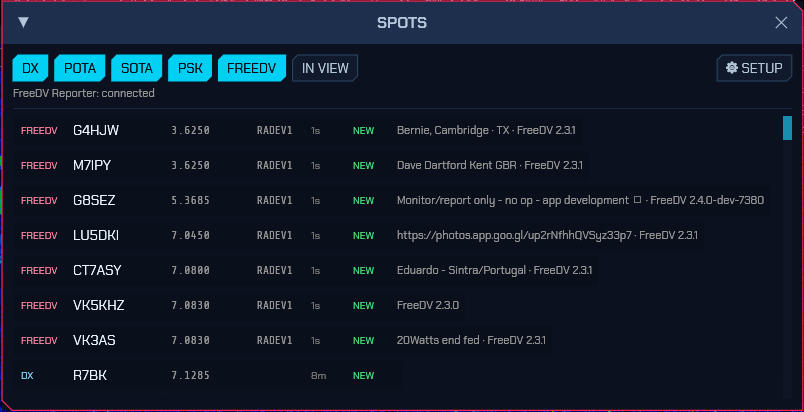 Live spots as clickable markers on the panadapter, and the SPOTS window