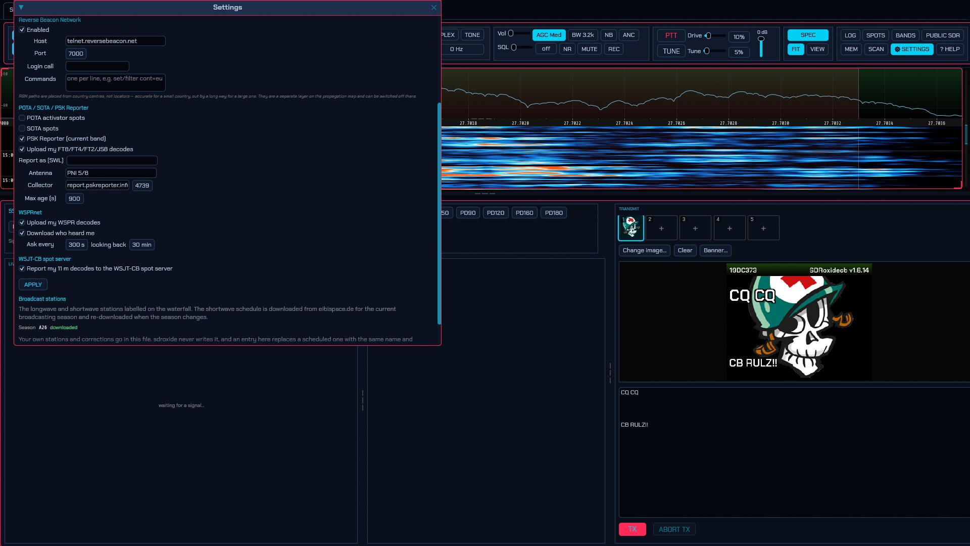 The Spots tab: DX cluster login, the POTA / SOTA / PSK Reporter feeds, and the Report as (SWL) identity