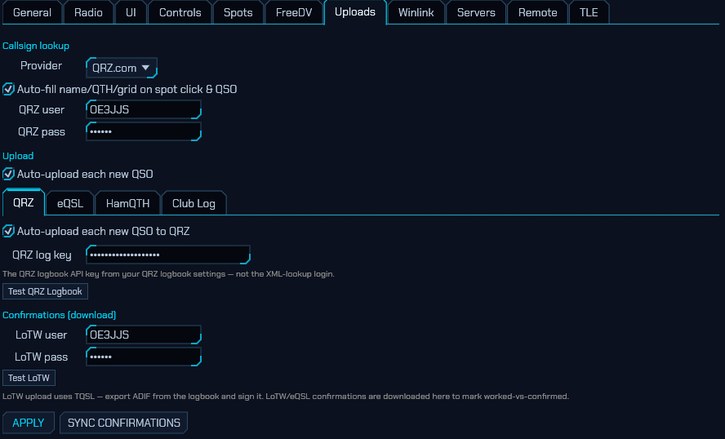 The Uploads tab: callsign lookup, a tab per logging service, and LoTW confirmations