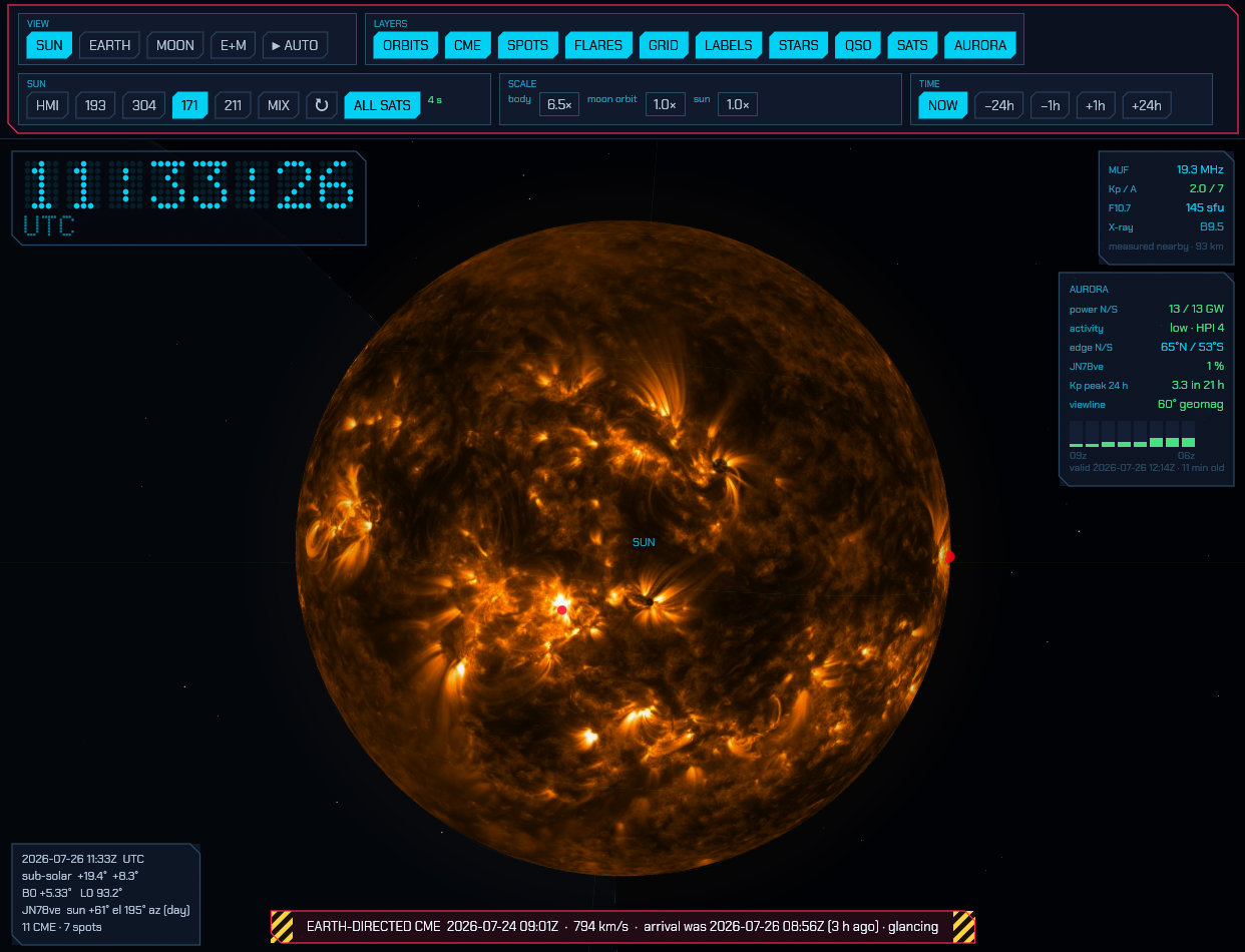 The solar disk in AIA 171, with sunspot regions, a flare marker and the CME arrival banner