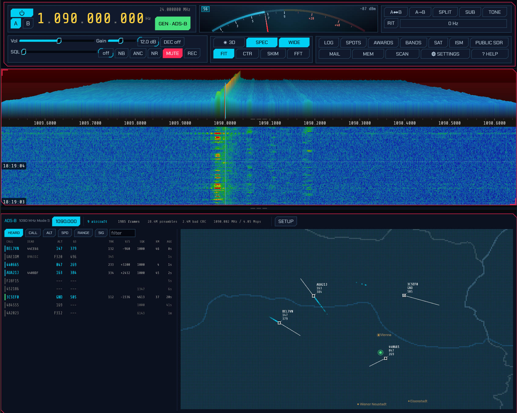 The ADS-B panel: the aircraft list and the radar picture