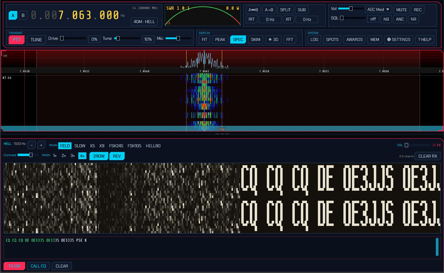 The Hellschreiber panel: the scrolling receive raster above the transmit box