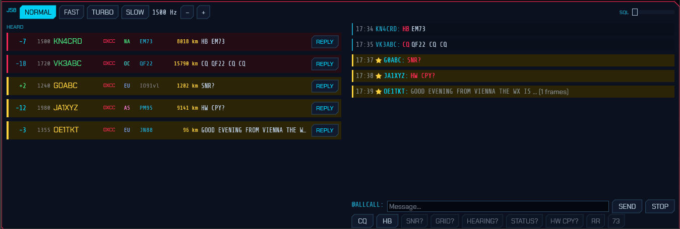 The JS8 panel: stations heard on the left, the conversation on the right