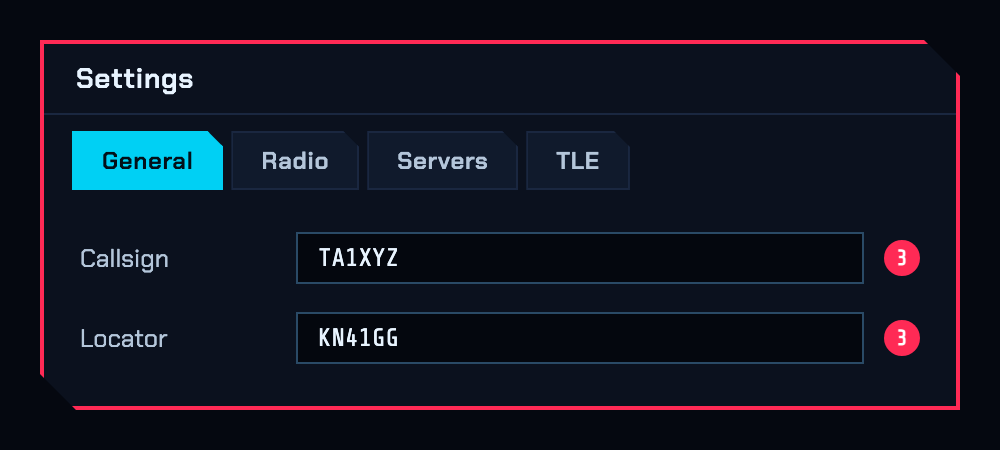 Settings, General sekmesi: Callsign ve Locator alanları