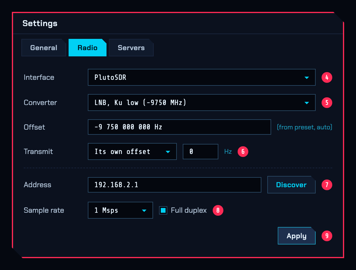 Settings, Radio tab: Interface, Converter, Offset, Transmit, Address, Sample rate and Apply