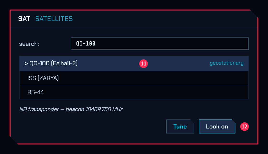 The SATELLITES tab: search box, satellite list with QO-100 selected, TUNE and LOCK ON