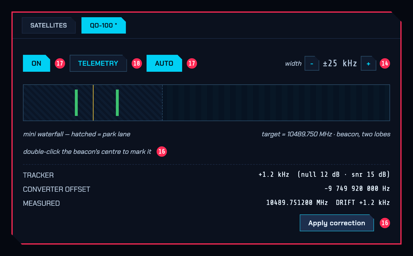 The QO-100 tab: ON / TELEMETRY / AUTO, the mini waterfall with the beacon's two lobes, the TRACKER/CONVERTER OFFSET/MEASURED readouts, and APPLY CORRECTION