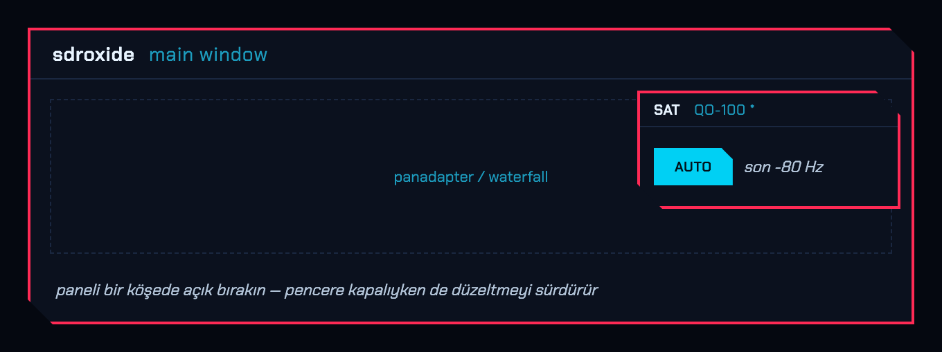 QO-100 paneli ana pencerenin bir köşesinde bırakılmış, AUTO düzeltmeyi sürdürüyor