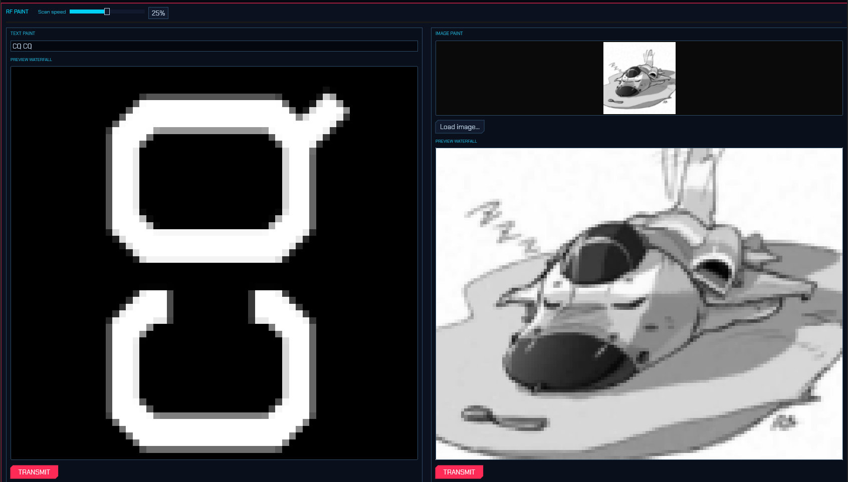 The RF Paint panel: text-paint and image-paint areas with live preview waterfalls