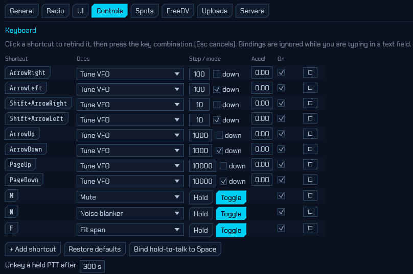 The Controls tab, Keyboard section: the shortcut table with its action, step and accel columns