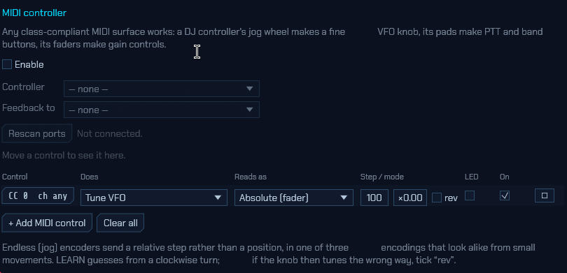 The Controls tab, MIDI section: port selection, the live message readout, and the binding table