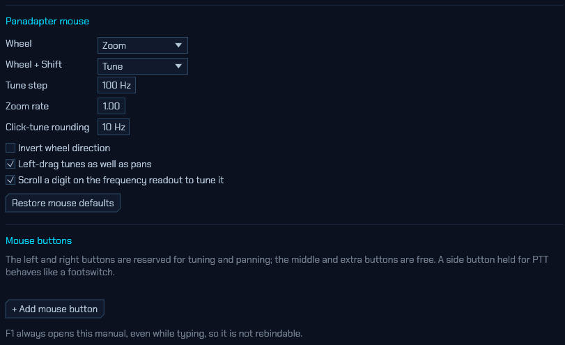 The Controls tab, mouse section: wheel actions, tuning steps, and the mouse-button bindings