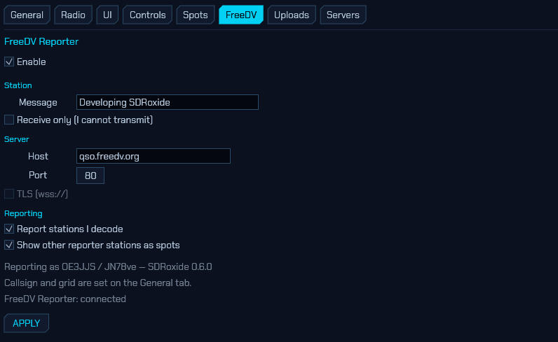 The FreeDV tab: FreeDV Reporter station, server and reporting settings