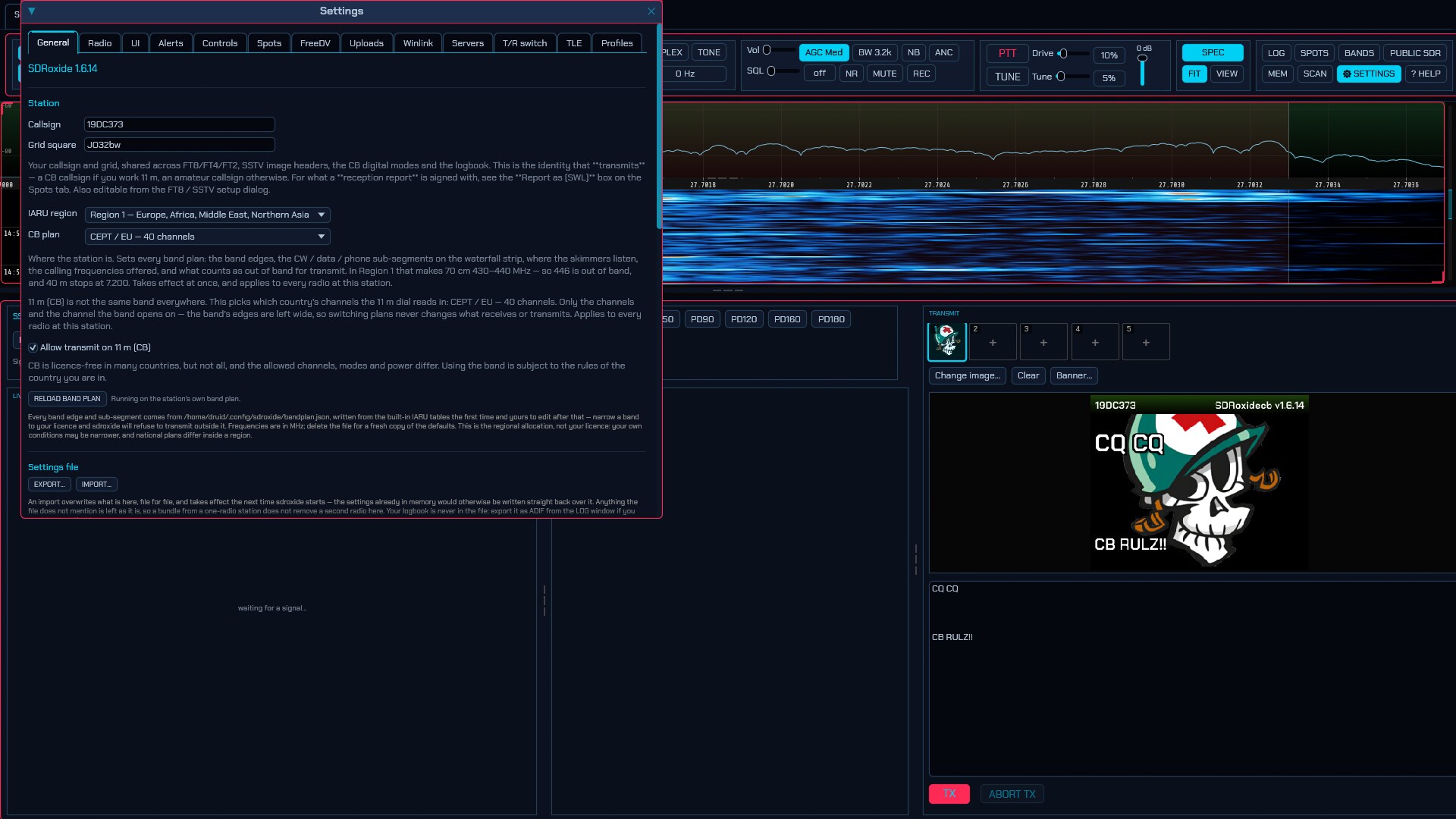 The General tab: callsign, grid square, the reception-report identity, and your own speakers and microphone