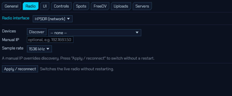 The Radio tab with the HPSDR (network) interface selected