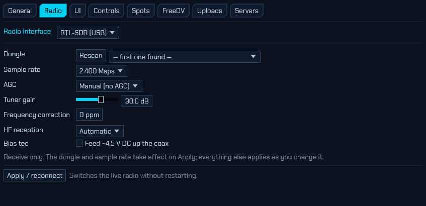 The Radio tab with the RTL-SDR interface selected