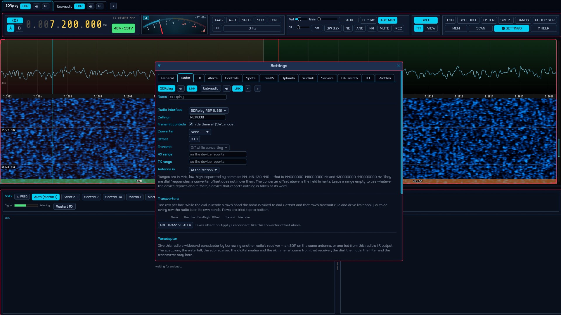 The Radio tab with the SDRplay RSP interface selected