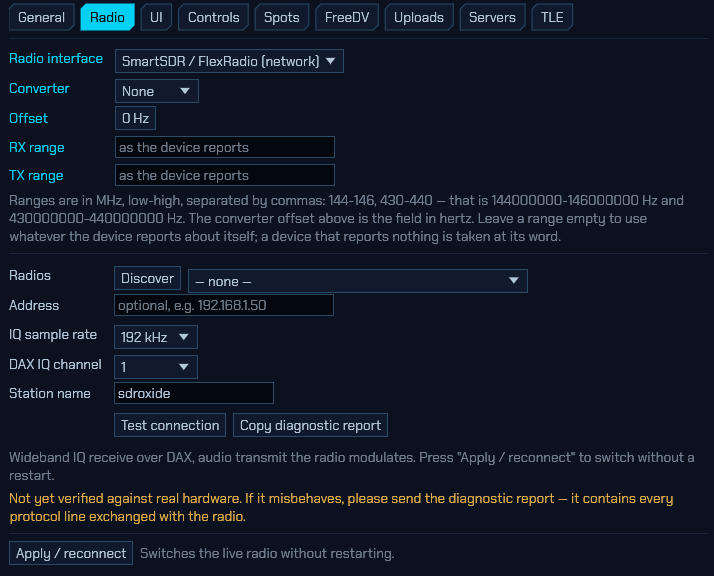 The Radio tab with the SmartSDR interface selected