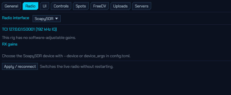 The Radio tab with the SoapySDR interface selected