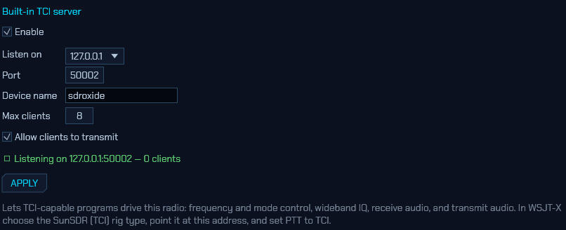 The Servers tab, built-in TCI server section