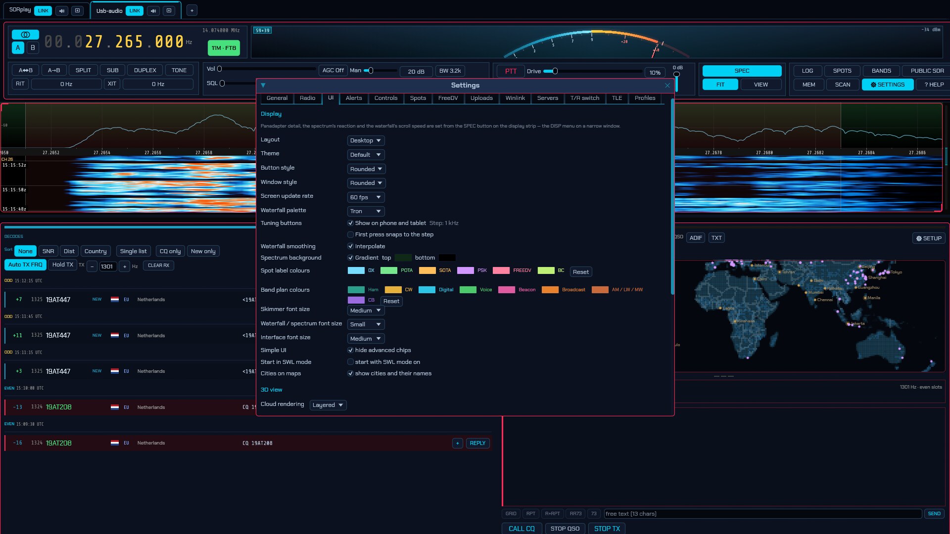 The UI tab: frame rate, scroll/spectrum speed, palette, spectrum background, and the Simple UI / Start in SWL mode switches