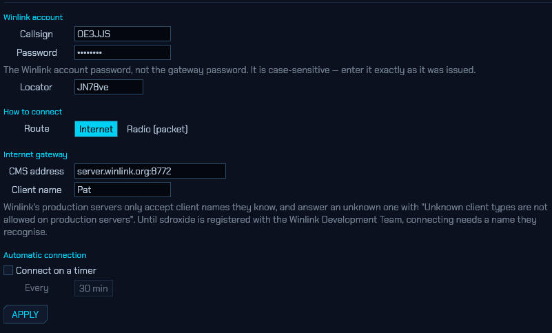 The Winlink tab: account, route, gateway list and automatic connection