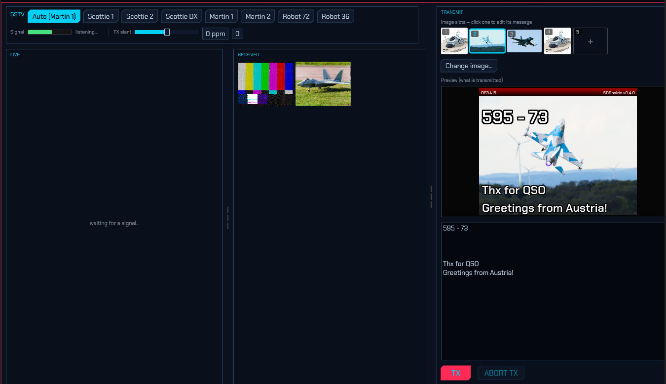 The SSTV panel: received-image gallery and the transmit compositor