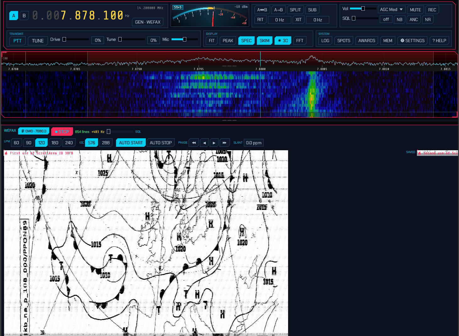 The weather-fax panel: a chart arriving, the station picker, and the gallery